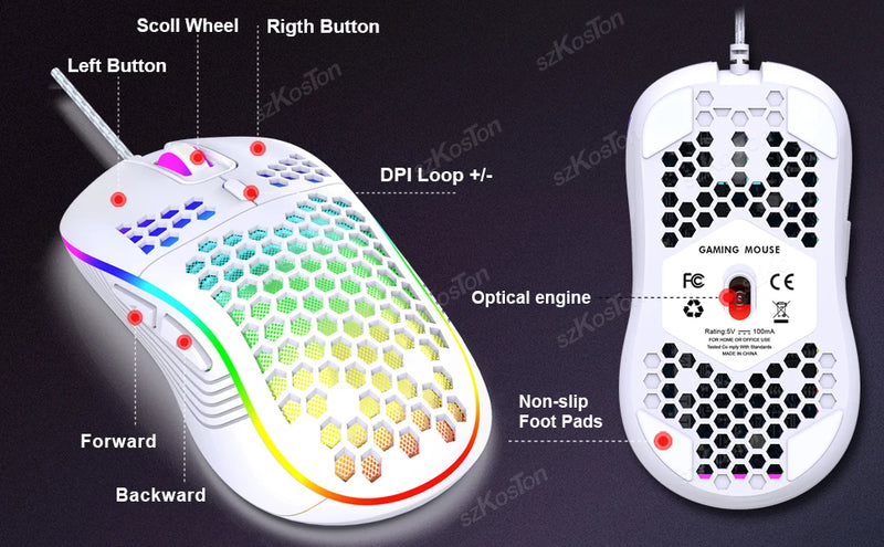 Rato de jogo com fio em favo de mel RGB Backlight 7200 DPI ajustável Ergonômico USB Ratos de computador para Windows PC e jogadores de laptop