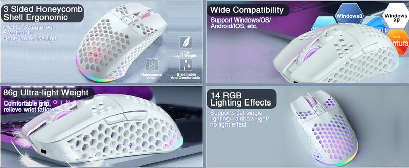 Soliaka mouse para jogos e-sports, sem fio/com fio, ultraleve, favo de mel, rgb, retroiluminado, ajustável, 12800dpi, ergonômico, gamer