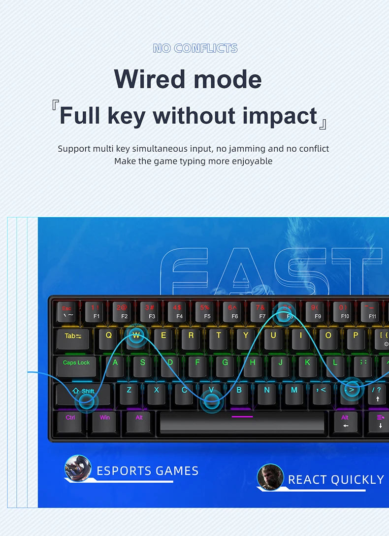 60% mini teclado mecânico com fio portátil, mini teclado APAYADO K61 com fio, 61 teclas Phantom RGB, preto, branco, vermelho, vermelho/azul interruptor