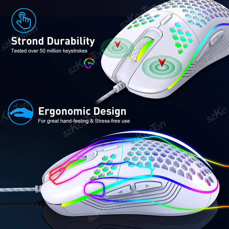 Rato de jogo com fio em favo de mel RGB Backlight 7200 DPI ajustável Ergonômico USB Ratos de computador para Windows PC e jogadores de laptop