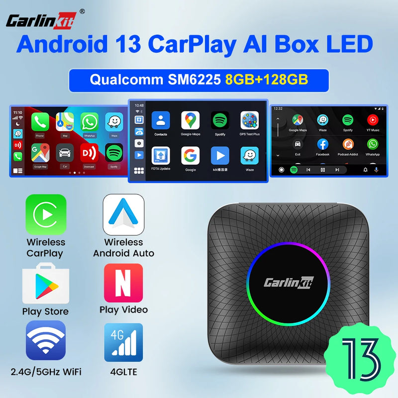 Android Auto Wireless Android 13.0 TV Box CarlinKit Portátil CarPlay AI Box Wireless CarPlay Suporte para reprodução de vídeo para Netflix YouTube Volkswagen Audi Golf Mercedes Benz Ford Fiat Toyota etc.
