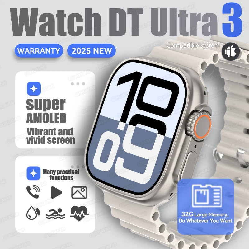 Dt ultra 3 smartwatch tela amoled 4gb mp3 mp4 player bluetooth rede compartilhamento app loja chatgpt inteligente ai relógio masculino sportwatch