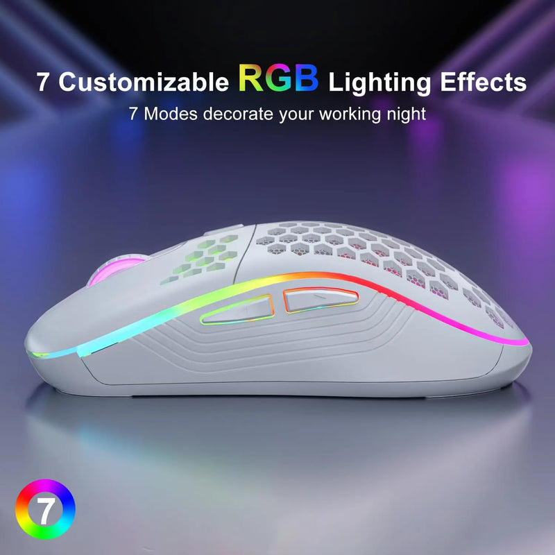 Mouse de carregamento com iluminação RGB sem fio 2.4G com DPI ajustável e ergonômico com design em favo de mel para laptop de mesa