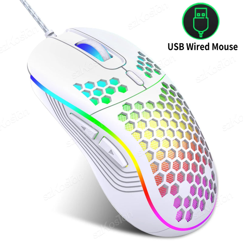 Rato de jogo com fio em favo de mel RGB Backlight 7200 DPI ajustável Ergonômico USB Ratos de computador para Windows PC e jogadores de laptop