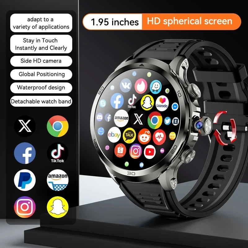 Novo relógio inteligente 5G LTE 190 °   Inserção de câmera rotativa Cartão Sim Google Play Store App Download GPS WIFI Frequência Cardíaca Android Smartwatch
