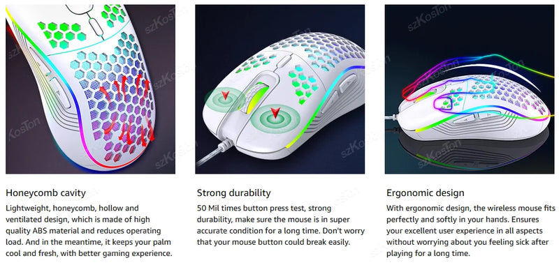 Rato de jogo com fio em favo de mel RGB Backlight 7200 DPI ajustável Ergonômico USB Ratos de computador para Windows PC e jogadores de laptop