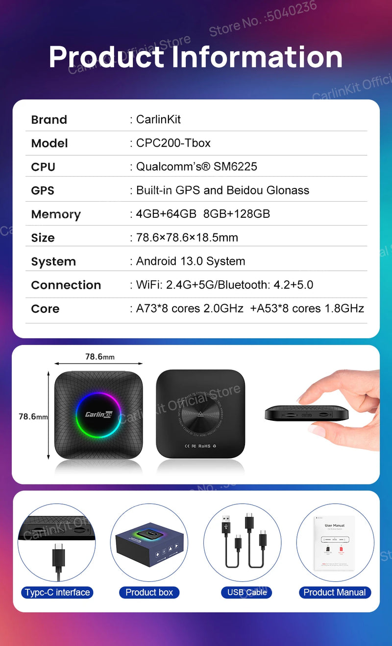 Android Auto Wireless Android 13.0 TV Box CarlinKit Portátil CarPlay AI Box Wireless CarPlay Suporte para reprodução de vídeo para Netflix YouTube Volkswagen Audi Golf Mercedes Benz Ford Fiat Toyota etc.