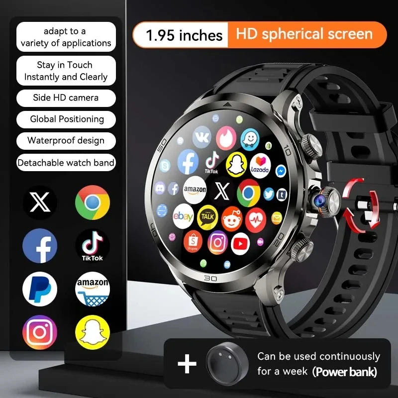 Novo relógio inteligente 5G LTE 190 °   Inserção de câmera rotativa Cartão Sim Google Play Store App Download GPS WIFI Frequência Cardíaca Android Smartwatch