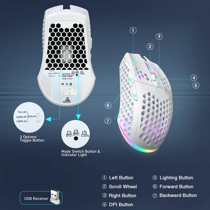 Soliaka mouse para jogos e-sports, sem fio/com fio, ultraleve, favo de mel, rgb, retroiluminado, ajustável, 12800dpi, ergonômico, gamer