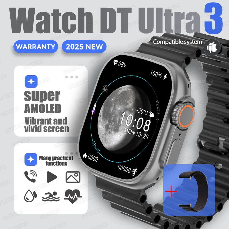 Dt ultra 3 smartwatch tela amoled 4gb mp3 mp4 player bluetooth rede compartilhamento app loja chatgpt inteligente ai relógio masculino sportwatch