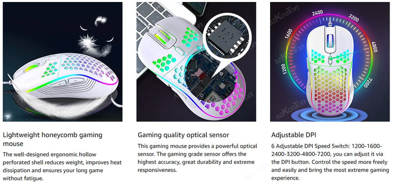 Rato de jogo com fio em favo de mel RGB Backlight 7200 DPI ajustável Ergonômico USB Ratos de computador para Windows PC e jogadores de laptop