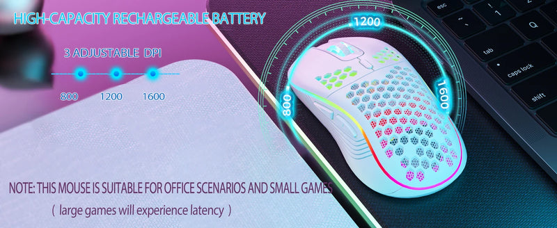 Mouse de carregamento com iluminação RGB sem fio 2.4G com DPI ajustável e ergonômico com design em favo de mel para laptop de mesa
