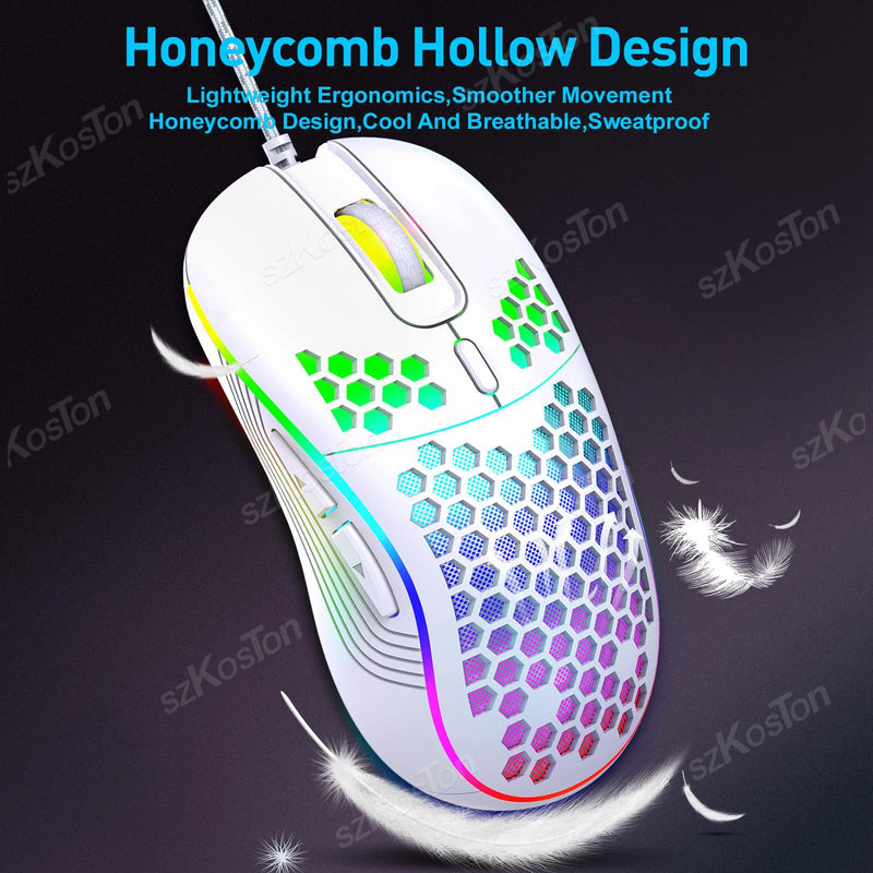 Rato de jogo com fio em favo de mel RGB Backlight 7200 DPI ajustável Ergonômico USB Ratos de computador para Windows PC e jogadores de laptop