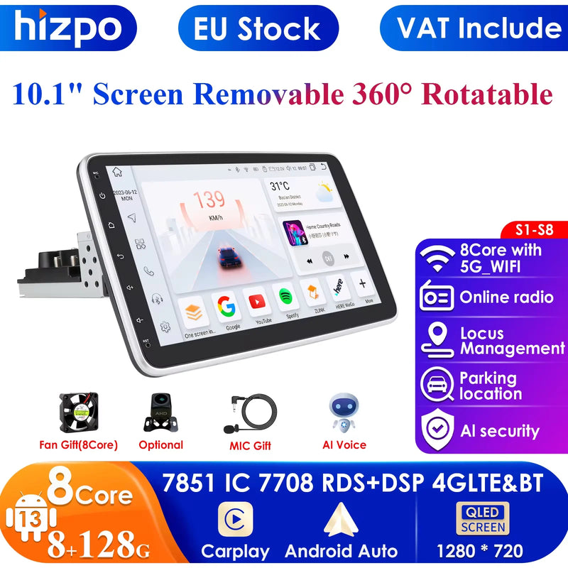 1 din android rádio estéreo do carro 10.1 girar tela de toque removível para universal carplay navegação gps bluetooth wifi autoradio