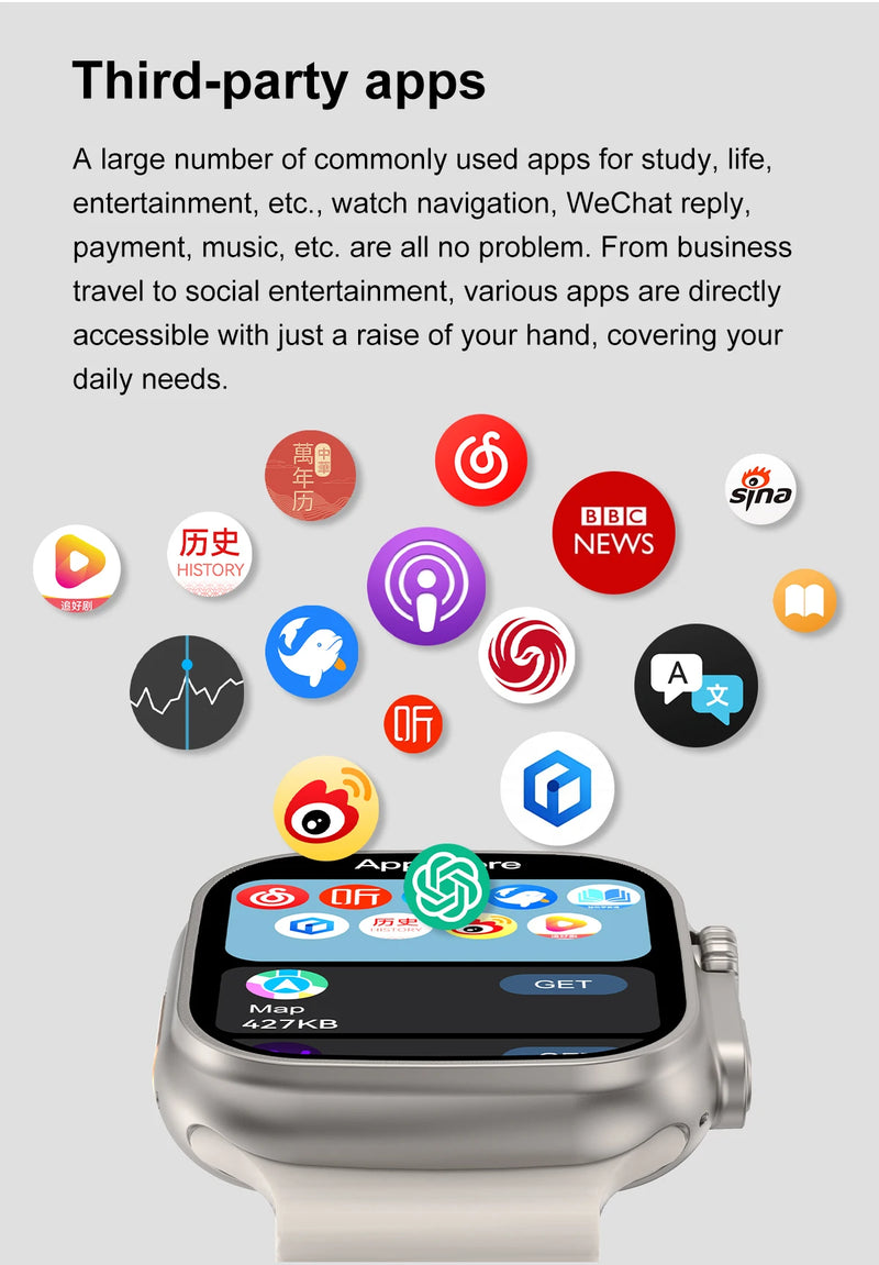 Dt ultra 3 smartwatch tela amoled 4gb mp3 mp4 player bluetooth rede compartilhamento app loja chatgpt inteligente ai relógio masculino sportwatch