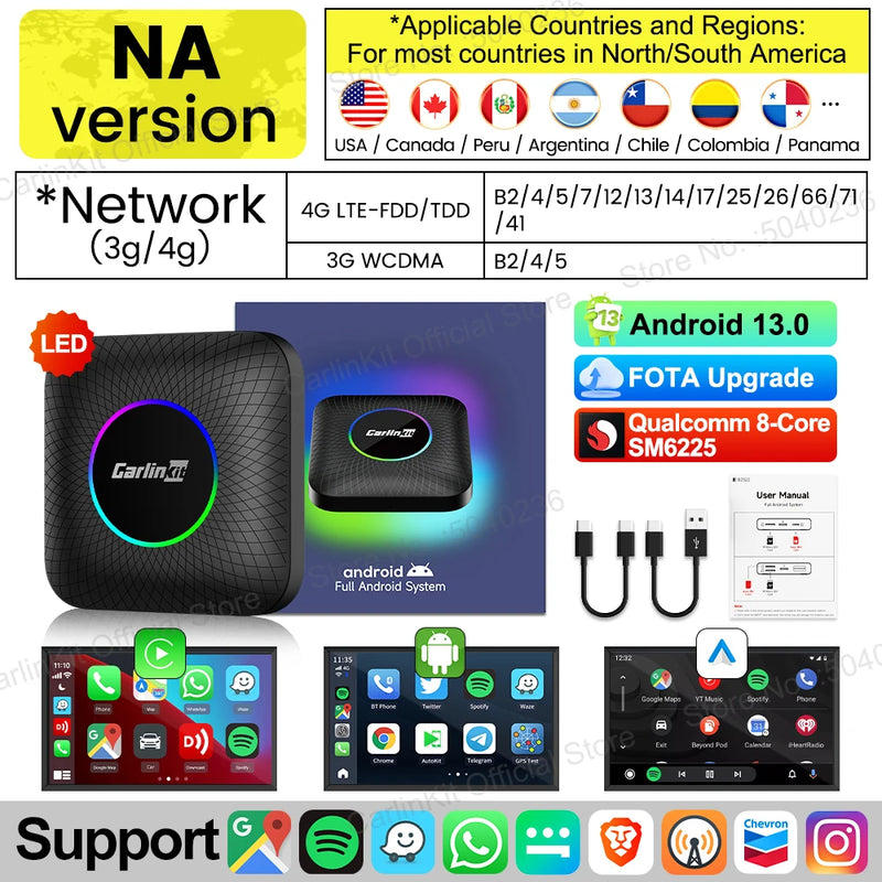 Android Auto Wireless Android 13.0 TV Box CarlinKit Portátil CarPlay AI Box Wireless CarPlay Suporte para reprodução de vídeo para Netflix YouTube Volkswagen Audi Golf Mercedes Benz Ford Fiat Toyota etc.