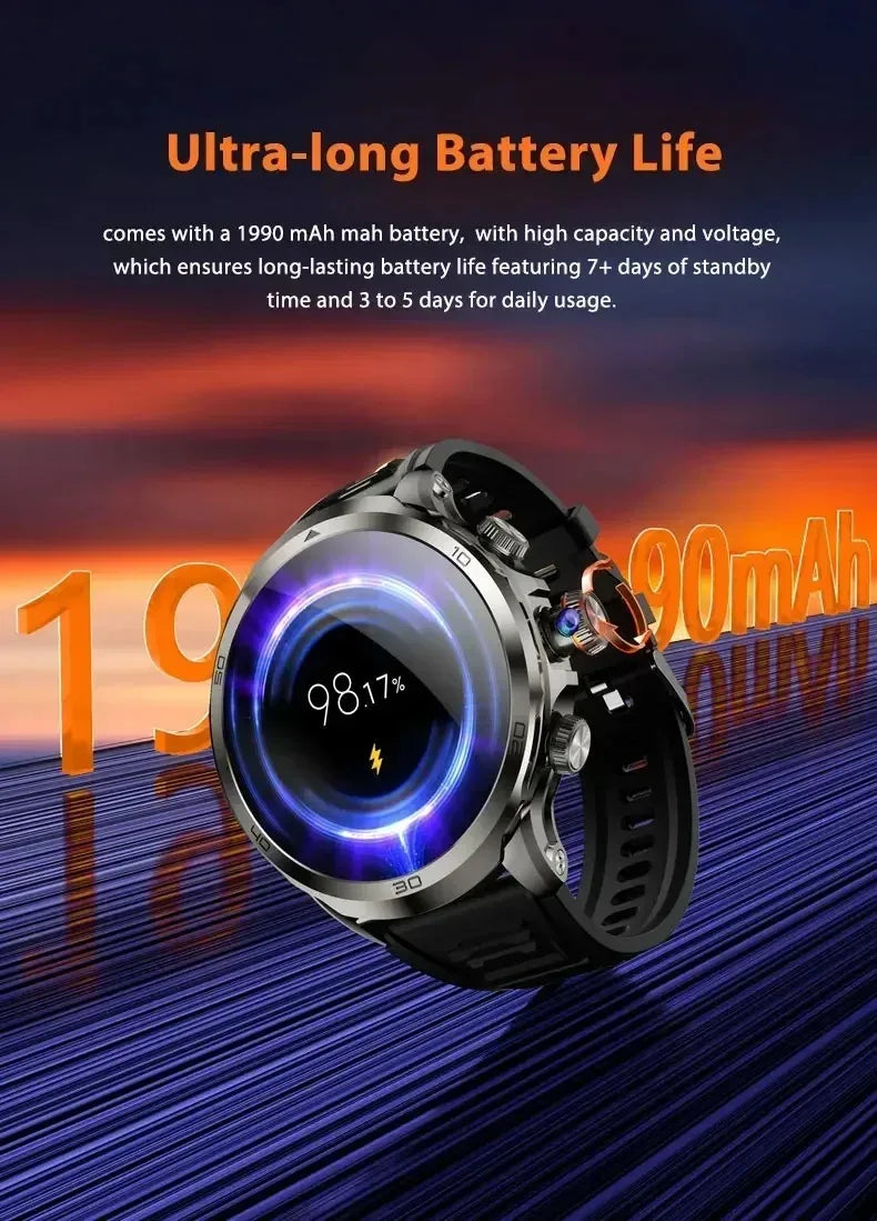 Novo relógio inteligente 5G LTE 190 °   Inserção de câmera rotativa Cartão Sim Google Play Store App Download GPS WIFI Frequência Cardíaca Android Smartwatch