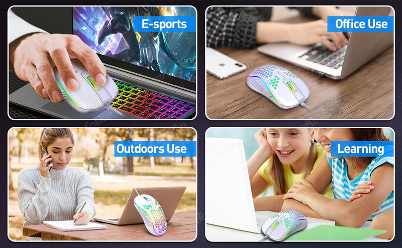 Rato de jogo com fio em favo de mel RGB Backlight 7200 DPI ajustável Ergonômico USB Ratos de computador para Windows PC e jogadores de laptop
