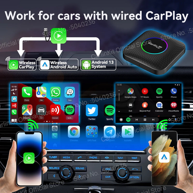 Android Auto Wireless Android 13.0 TV Box CarlinKit Portátil CarPlay AI Box Wireless CarPlay Suporte para reprodução de vídeo para Netflix YouTube Volkswagen Audi Golf Mercedes Benz Ford Fiat Toyota etc.