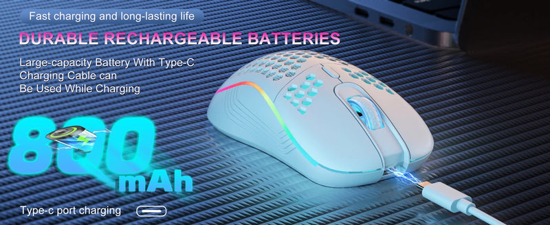 Mouse de carregamento com iluminação RGB sem fio 2.4G com DPI ajustável e ergonômico com design em favo de mel para laptop de mesa