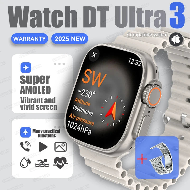 Dt ultra 3 smartwatch tela amoled 4gb mp3 mp4 player bluetooth rede compartilhamento app loja chatgpt inteligente ai relógio masculino sportwatch