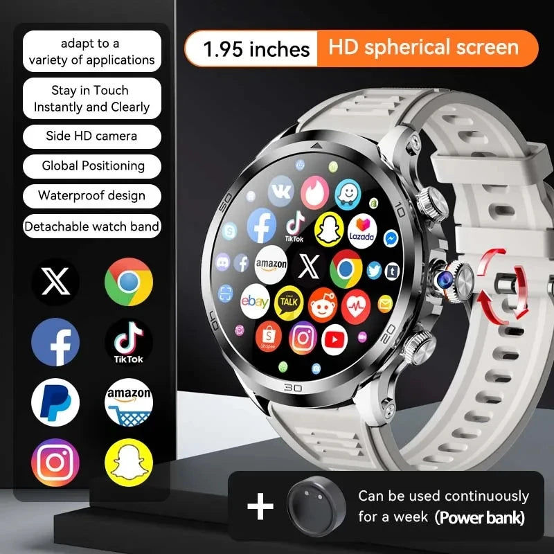 Novo relógio inteligente 5G LTE 190 °   Inserção de câmera rotativa Cartão Sim Google Play Store App Download GPS WIFI Frequência Cardíaca Android Smartwatch