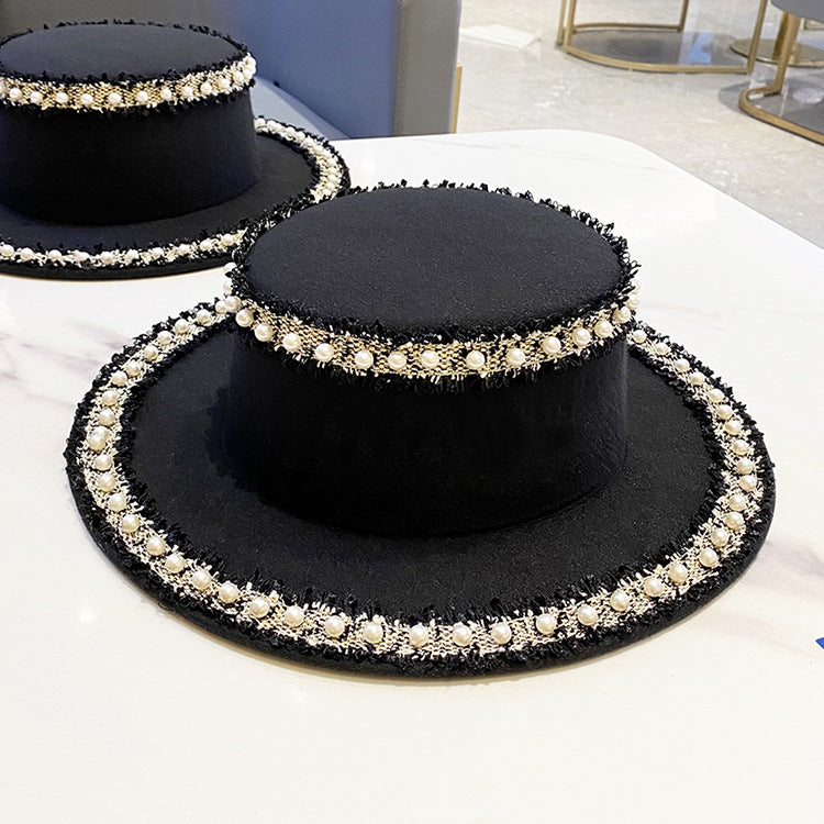 Woolen Hat Women's Flat Pearl Top Hat Bucket Hat