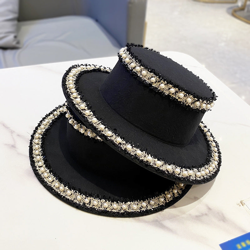 Woolen Hat Women's Flat Pearl Top Hat Bucket Hat