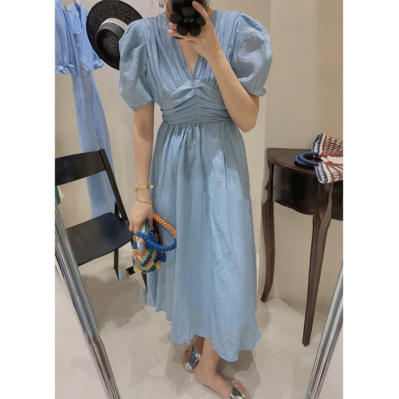 French V-Neck Retro Waisted Solid Color High Waist Dress