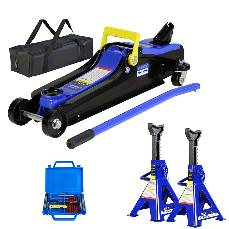 2 Ton Heavy Duty Low Profile Floor Jack - Quick Lift Single Piston Pump, 3.3"-15.2" Lifting Range, Includes 3t Jack Stand and Tire Repair Kit for Racing and Automotive Repair