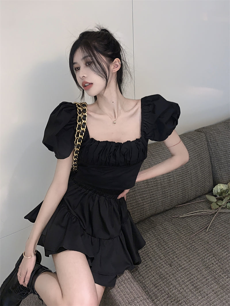 Women's Pure Desire Short Black Square Collar Short Sleeve Shirt
