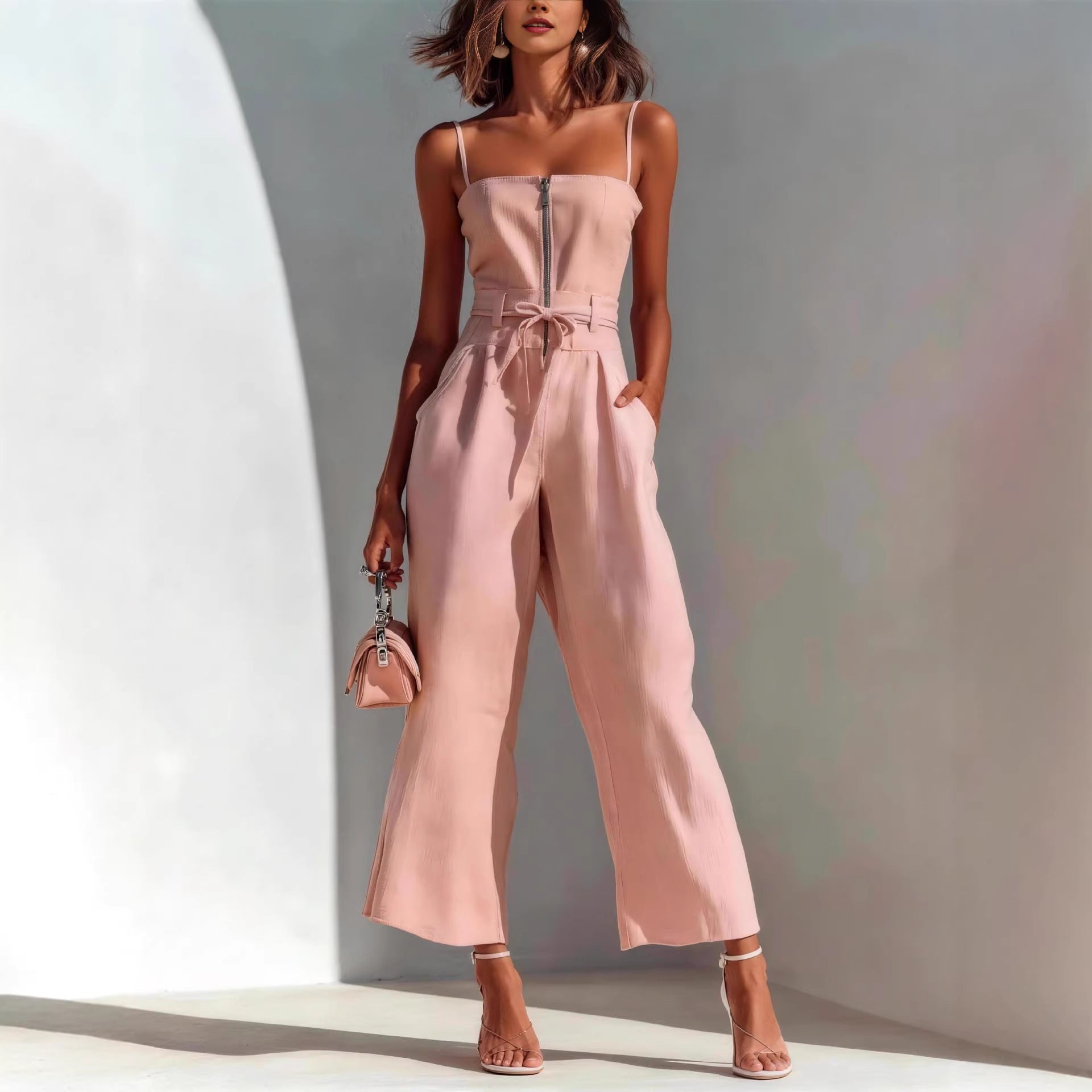 Strapless Sleeveless Lace-up Womens Jumpsuit With Wide-leg Trousers