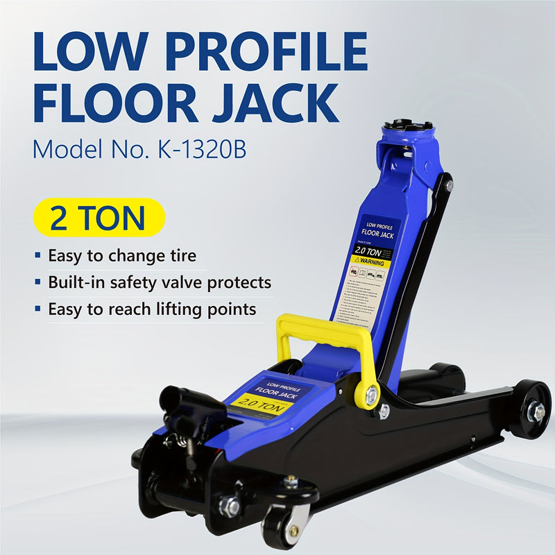 2 Ton Heavy Duty Low Profile Floor Jack - Quick Lift Single Piston Pump, 3.3"-15.2" Lifting Range, Includes 3t Jack Stand and Tire Repair Kit for Racing and Automotive Repair