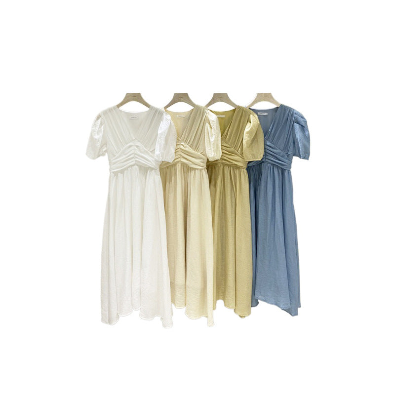 French V-Neck Retro Waisted Solid Color High Waist Dress