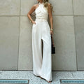 Solid-color Halter-neck Waist-cinching Straight-leg Jumpsuit