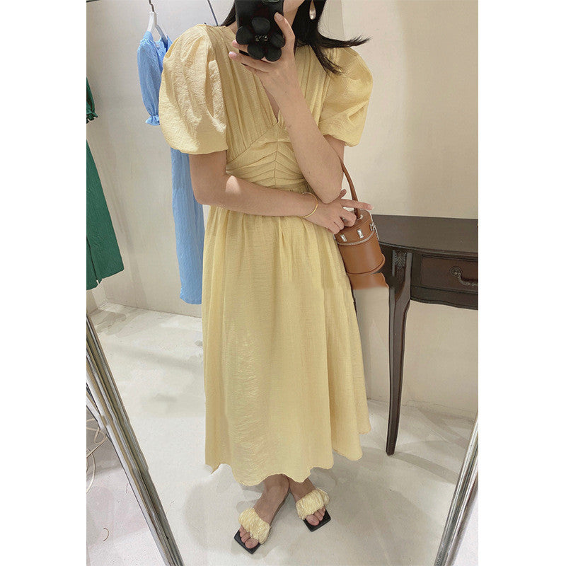 French V-Neck Retro Waisted Solid Color High Waist Dress
