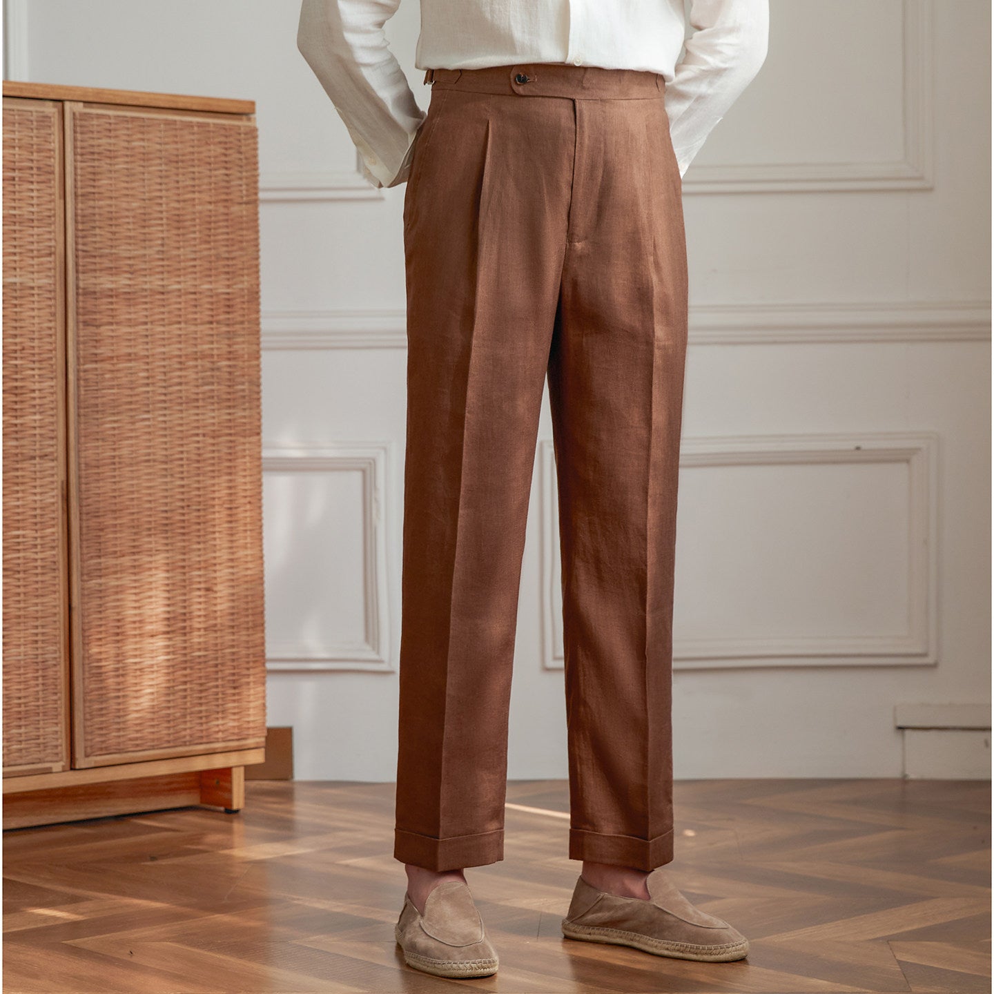 Summer Linen Straight-leg Trousers, High-waisted Neapolitan Style Trousers