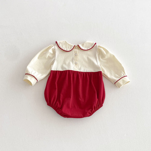 Spring New Arrival Baby Girls Cute Color Patchwork Long Sleeves Peter Pan Collar Onesies-1