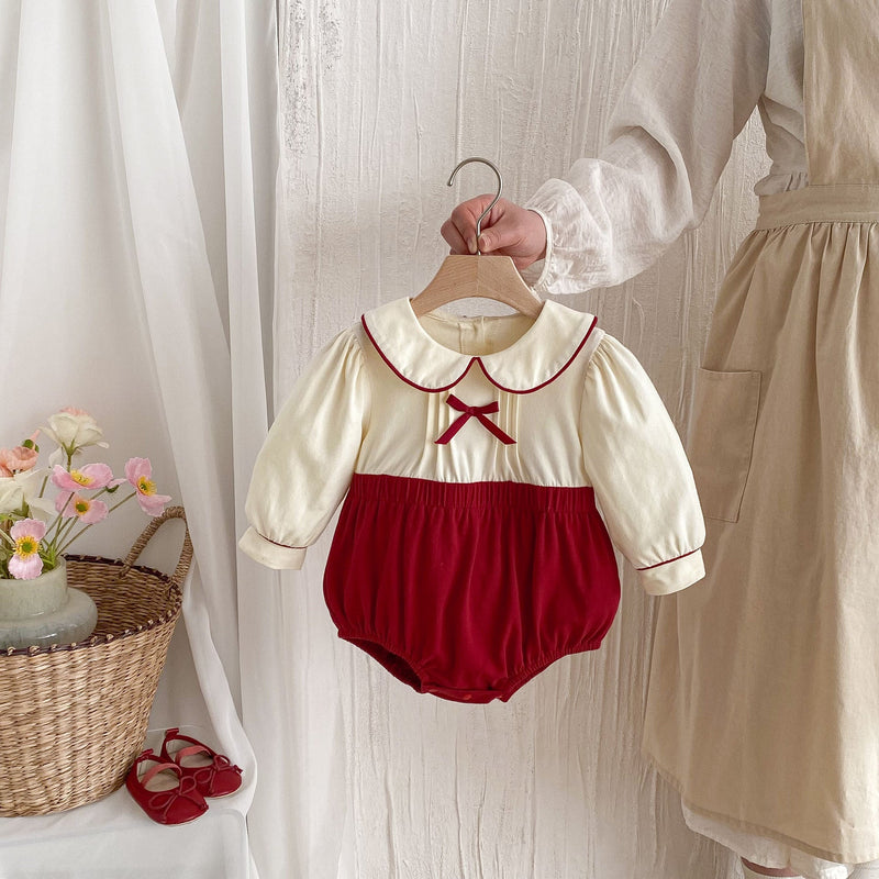Spring New Arrival Baby Girls Cute Color Patchwork Long Sleeves Peter Pan Collar Onesies-0