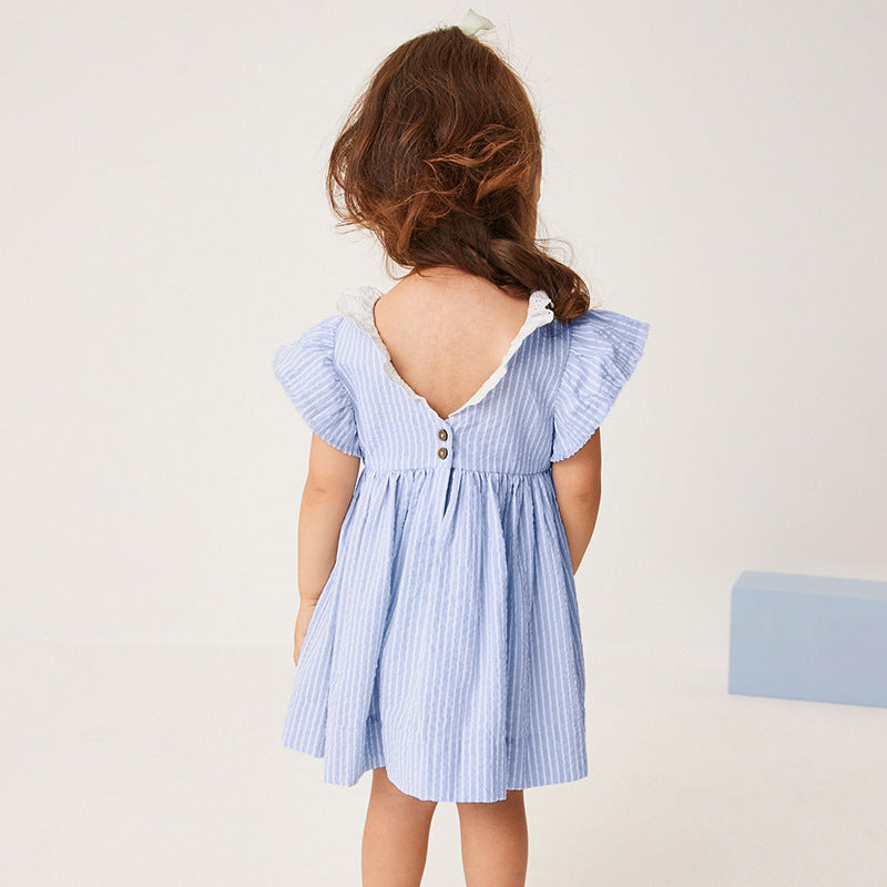 Spring And Summer Baby Girls Ruffle Collar Short Sleeves Striped Dress-2