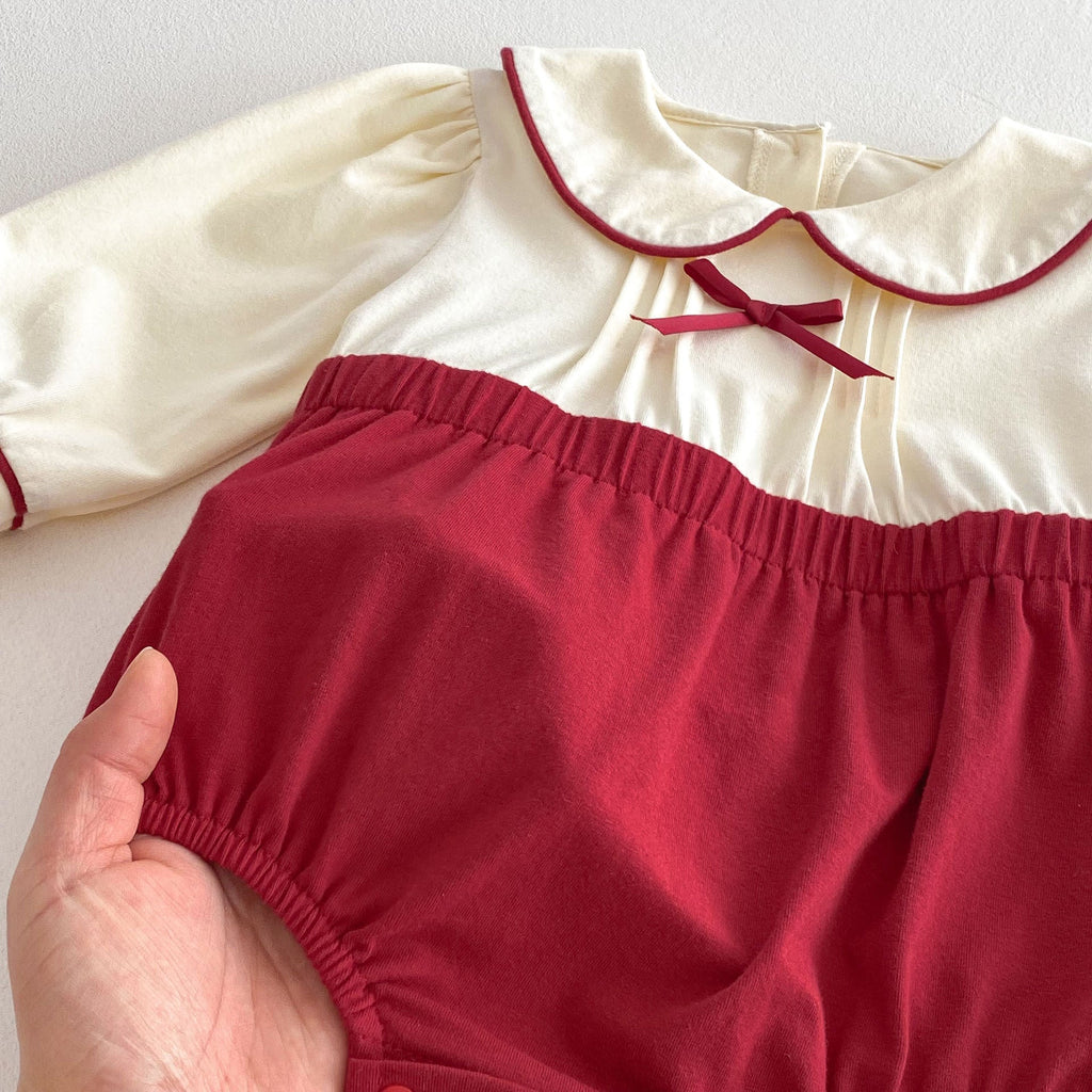 Spring New Arrival Baby Girls Cute Color Patchwork Long Sleeves Peter Pan Collar Onesies-2