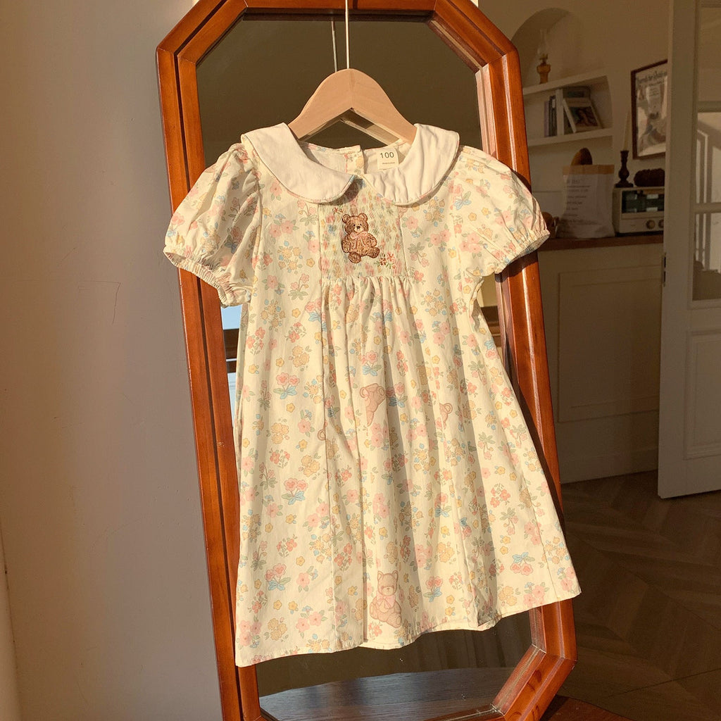 Summer Arrival Baby Kids Girls Cute Short Sleeves Teddy Pattern Embroidered Floral Dress-0